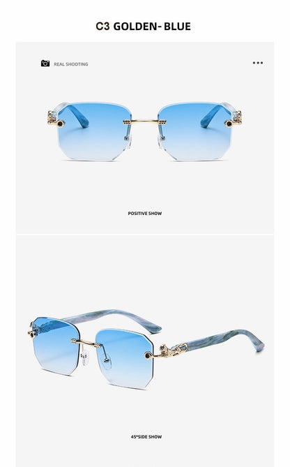 Square Sunglasses For Men Women Fashion Metal Leopard Head Rimless Eyewear Travel And Driving Shades Oculos De Sol UV400