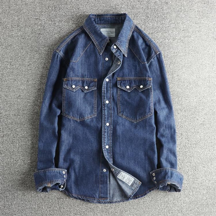 Autumn New American Retro Heavyweight Double Pocket Denim Cargo Shirt Men's Simple 100% Cotton Washed Casual Blouses Thin Jacket