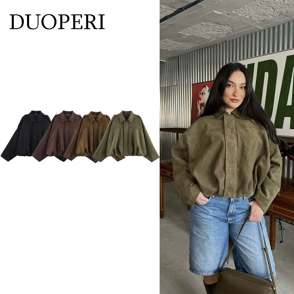DUOPERI Women 2025 New Solid Bomber Jackets Lapel Neck Long Sleeves Female Elegance Chic Casual Jacket Tops