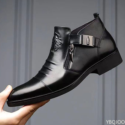 Botas Masculinas de Inverno Elegantes Cano Curto Antiderrapantes Couro Sapatos Britânicos Zíper Botas Cavaleiro Preto Bico Fino Plataforma Punk Botas Masculinas Botas