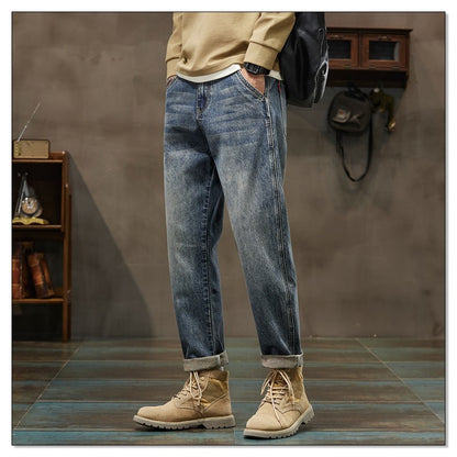 Autumn and Winter Men's Loose 95% Cotton Jeans Retro Yellow Mud  Street Hip-hop Baggy Harem Pants Outdoor Boys Workwear Pants