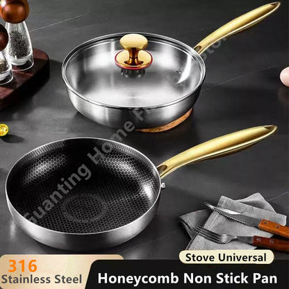 316 Stainless Steel Frying Pan Wok Non-stick Honeycomb Pot Home Steak skillet Gas Stove Induction Saucepan Kitchen Cookware 30cm