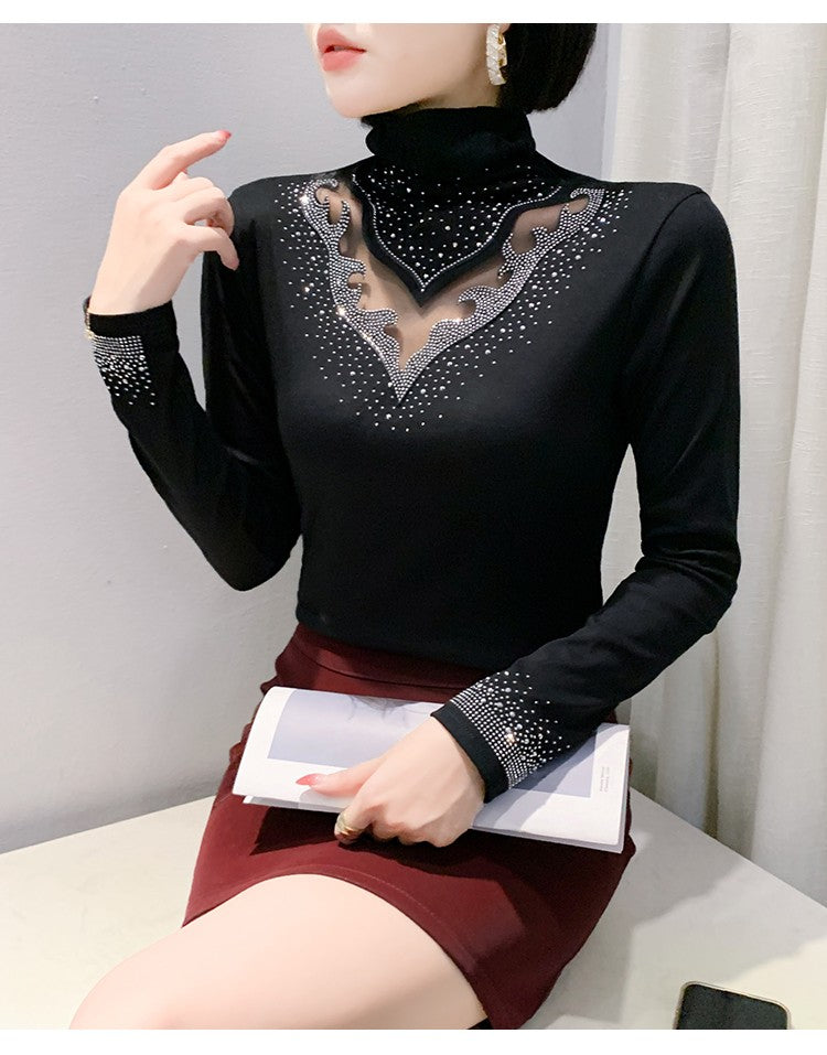 2025 European Station Long Sleeve Women Tees Autumn Winter New Stand collar Hot Diamond T Shirt Fashion Slim Mesh Tops