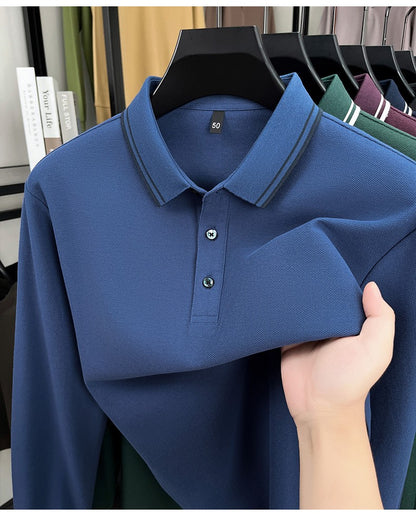 100% pure cotton high-quality long sleeve polo shirt men's autumn new style comfort casual luxury double striped lapel T-shirt