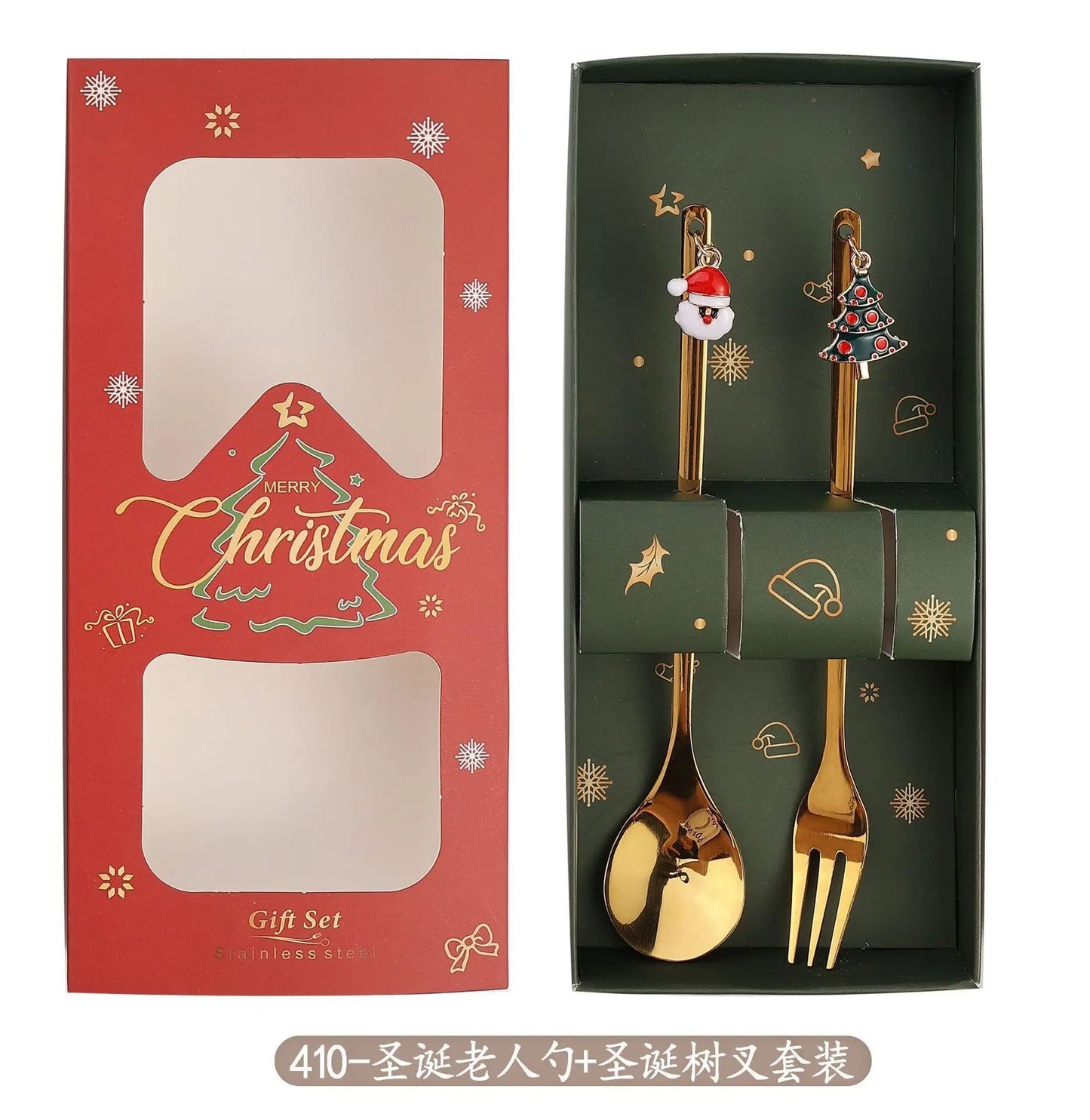 Warm Christmas Gift! Creative Santa Doll Dessert Spoon Fork 2-Piece Set Portable Tableware in Gift Box Sweet Surprise Friends