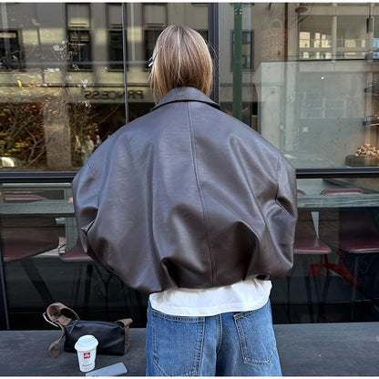 Vintage PU Leather Bomber Jackets 2025 Autumn New Ladies Zipper Lapel Long Sleeve Pocket Coat With Belt Women's Loose Streetwear