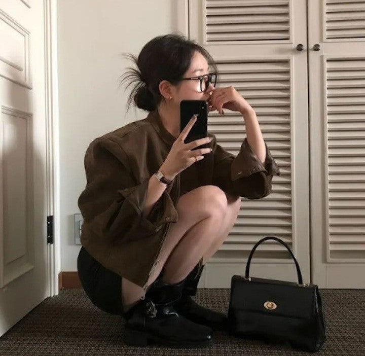 Retro American Coffee Brown Copper Zipper Button Short Jacket 2025 Autumn Trendy PU Leather Jacket Versatile for Dynamic Women