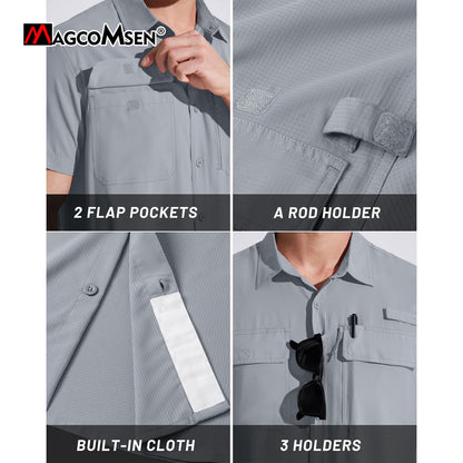 MAGCOMSEN Mesh Breathable Shirt Men's Quick Dry Button Short Sleeves UPF 50+ Sun Protection Hiking Fishing Work Cargo Shirts
