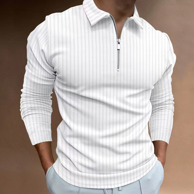 2024 New Men's Autumn And Winter Solid Color Lapel Leisure Sports Polo Shirt Zipper Striped Long Sleeve High Elasticity