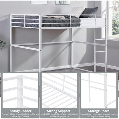 Cama Loft de Metal de Solteiro com Grades de Segurança e Escada Plana, Adequada para Crianças, Adolescentes e Adultos, Branca