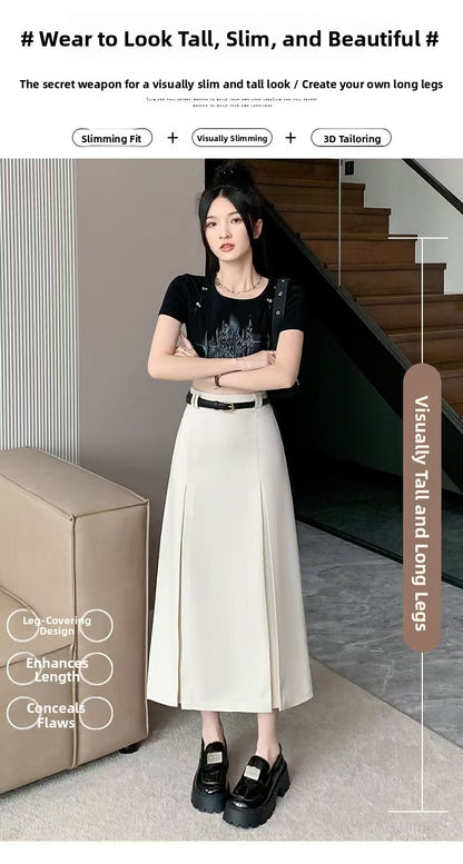 plus Size Suit Skirt Women Summer New Elastic High Waist Slim A-Line Skirt Belly Cover Pleated Skirt Korean Sle Casual Wear