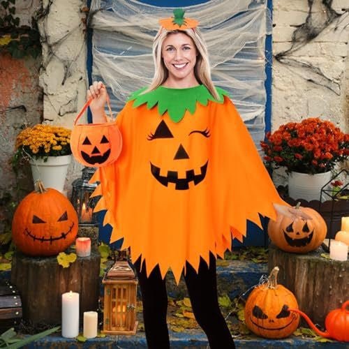 Halloween Party Adult Pumpkin unisex Costume Cloak Pumpkin Shawl Pumpkin Hat Headband Set Holiday Dress Up Cosplay