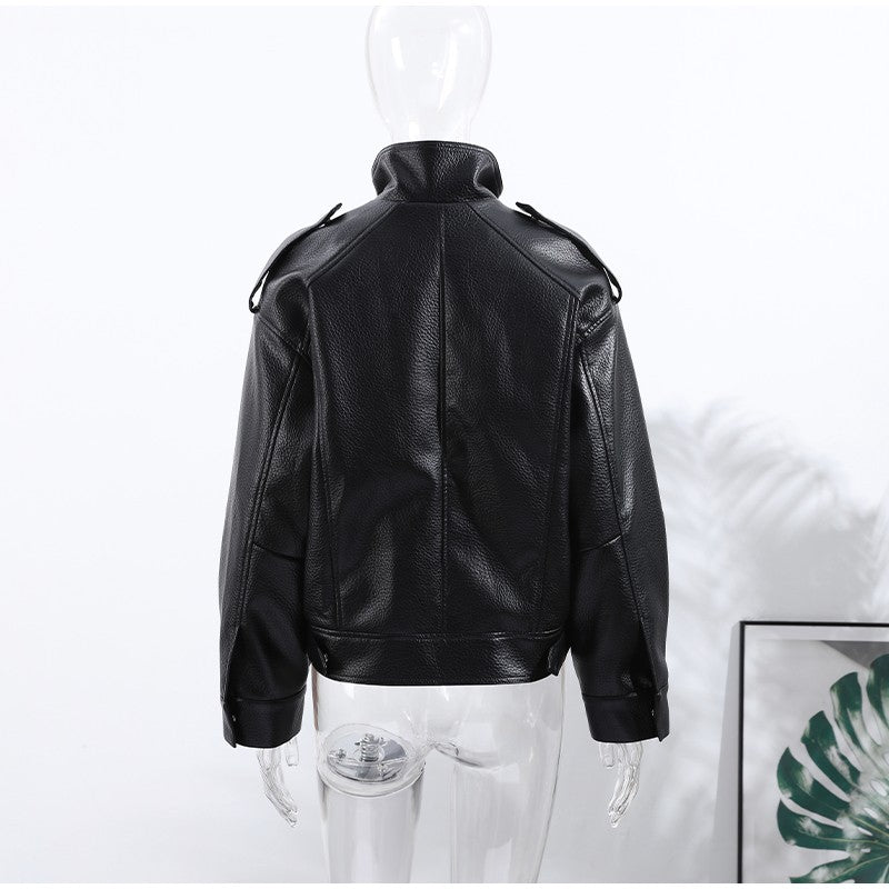 Street Stand Collar Women's Leather Jacket Loose Long Sleeve Zipper Pockets Chic Female Coats 2025 Autumn Winter Lady Outerwear