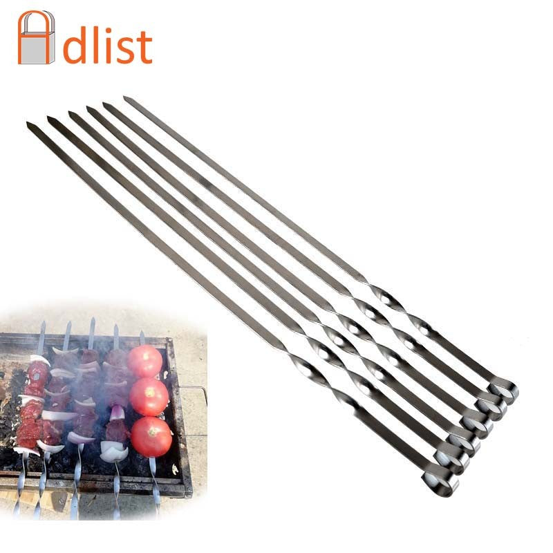 6-12pcs 21.6'' 55CMBBQ Skewers Stainless Steel Large Flat Barbecue Needle Shish Kabob Metal Skewer Set Handle BBQ Forks Tools