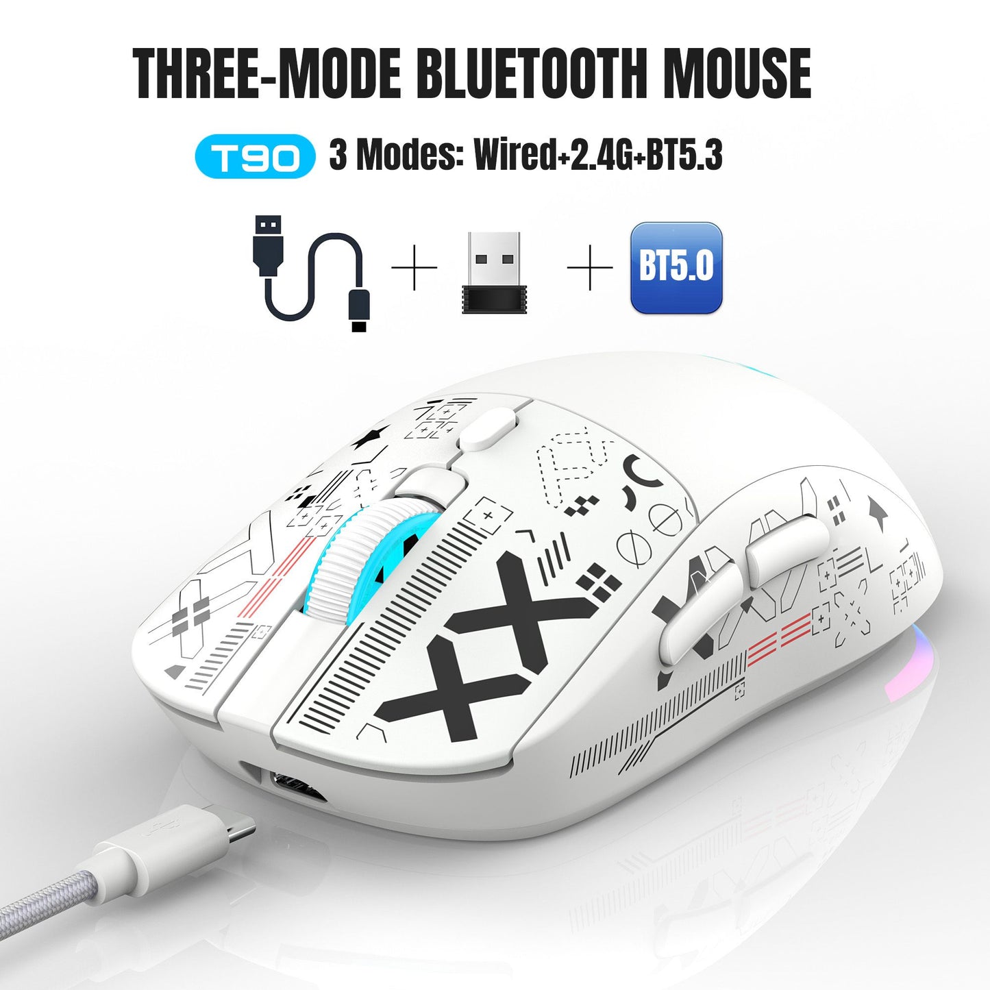 Mouse Bluetooth Sem Fio T90 RGB (BT1/BT2+ USB) 2.4GHz Recarregável Silencioso com Adaptador Tipo C