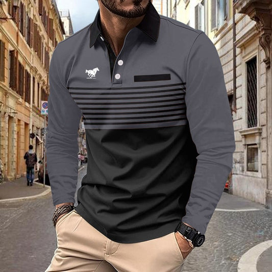 Horse Logo Pattern Print Men Clothes Spring Autumn Long Sleeve Polo Shirt Men Business Casual Turn-down Collar Tops Stripe Polo
