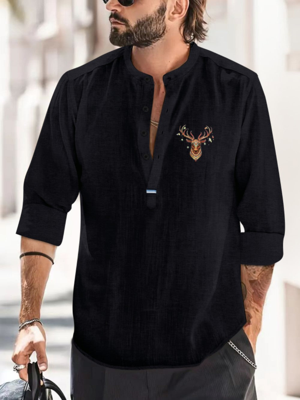 2025 Men's fashionable spring and autumn leisure beach style solid color top collarless creative pattern shirt