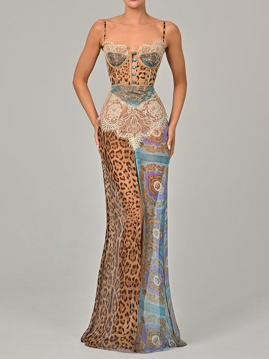 Mozision Leopard Print Lace Split Sexy Maxi Dress Women Gown Elegant Patchwork C