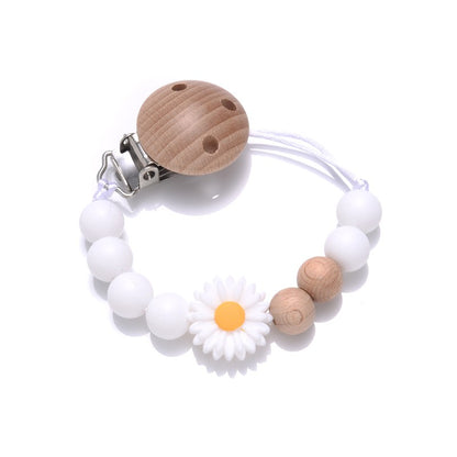 Baby Beech Round Wooden Clips Flowers Silicone Beads Pacifier Chain For Teether Nursing Toys Handmade Dummy Holder BPA Free
