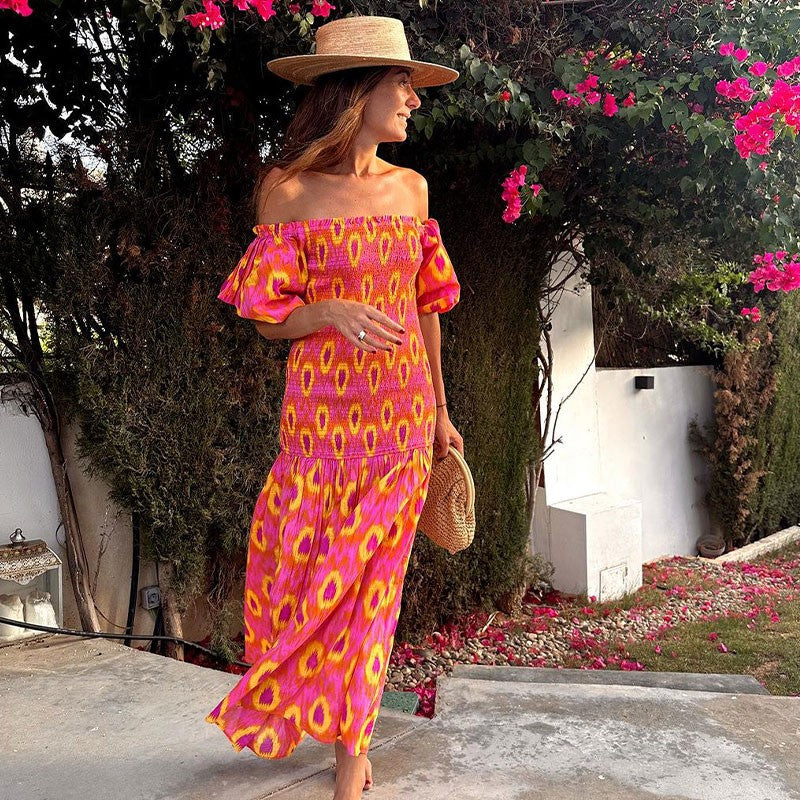 Women Summer Party Holiday Lady Streetwears Print Ruffle Pleated Long Dress Fash