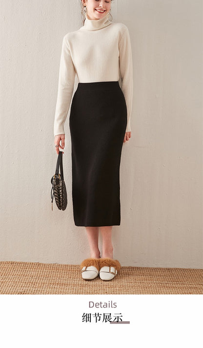 100% pure wool skirt new women's autumn and winter mid-length high-waisted thin cashmere skirt knitted all-match hip skirt
