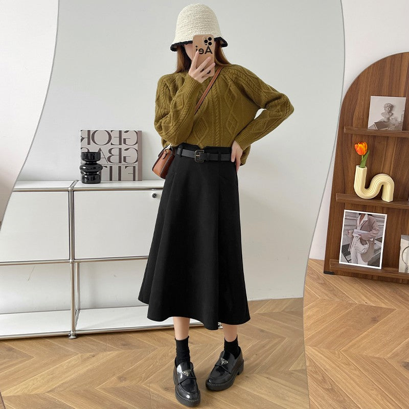 Plus Size Woolen Skirt Women 2024 Autumn Winter New Arrivals High Waist A Line Skirt With Belt Korean Fashon Skirts Womens
