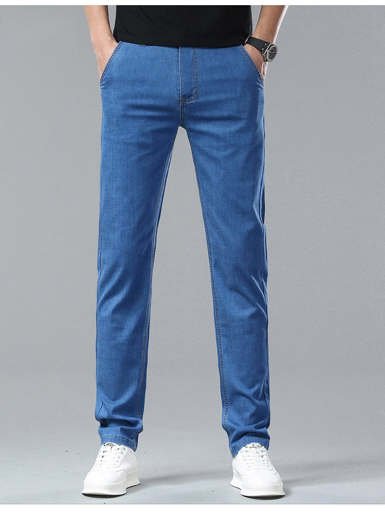 Light Blue Classic Business Casual Cotton Pants Fashion Breathable Denim Elastic Trousers Brand Men's Clothing Straight Jeans