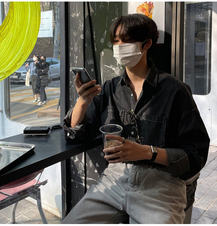 Spring Clothing Men's Denim Long-sleeved Pocket Shirt Casual Korean Turn down Button Streetwear Light Luxury Stylish 2025 New