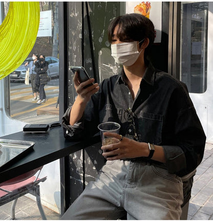 Spring Clothing Men's Denim Long-sleeved Pocket Shirt Casual Korean Turn down Button Streetwear Light Luxury Stylish 2025 New