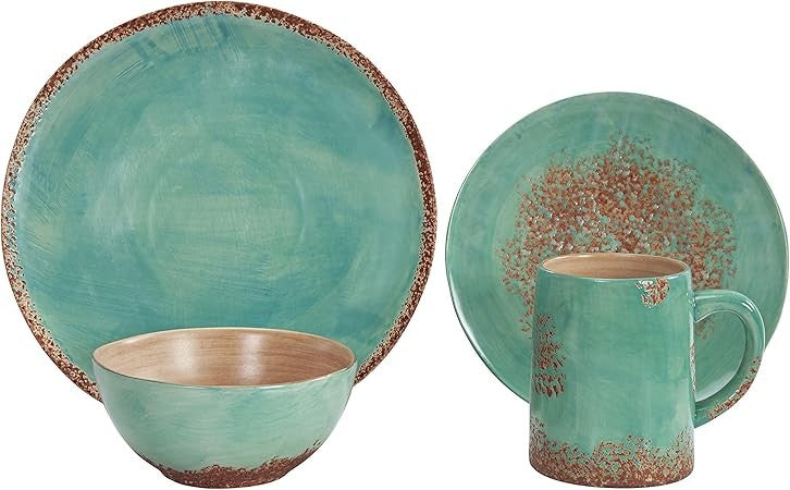 Patina Turquoise 16 Piece Ceramic Southwestern Rustic Cabin Dinnerware Set with Plates, Bowls and Mugs