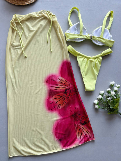Sexy 2025 Push Up Bikini Set 3 Pieces Swimwear Low Waist Biquini Swimsuit Summer Brazilian Bathing Suit Floral Beachwear Skirt
