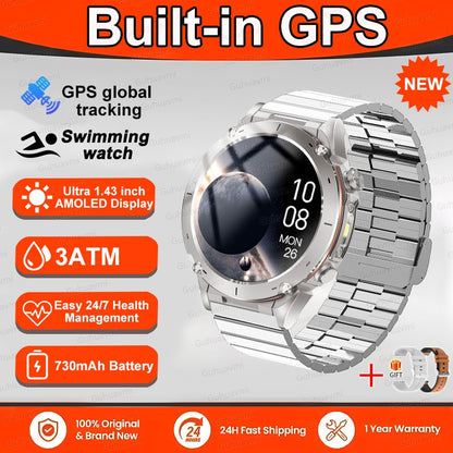 Novo T-Rex 3 GPS Smart Watch AMOLED de 1,43" à prova d'água 10ATM GNSS de banda dupla integrado Bússola Militar Esportivo Smartwatch Pulseira Masculina