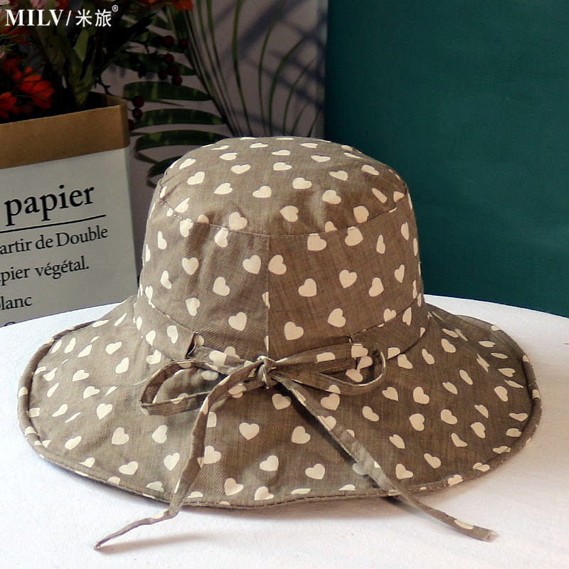 Chapéu feminino de verão, estampa de coração, aba grande para proteção solar, chapéu de sol de algodão e linho à prova de sol, chapéu de pescador dobrável