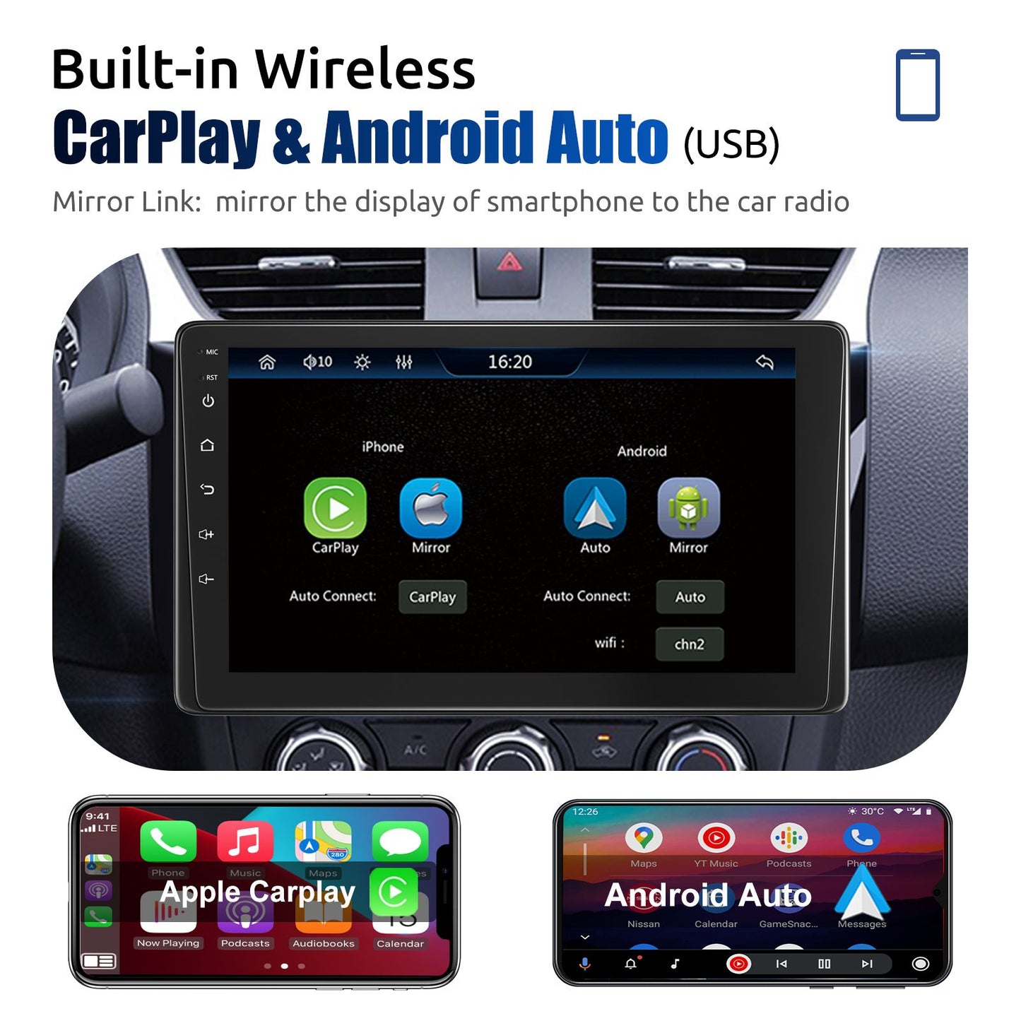 ESSGOO 9" Single 1 Din Car Stereo Radio Touch Screen Wireless Apple CarPlay & Android Auto MP5 Player Head Unit Bluetooth FM SWC