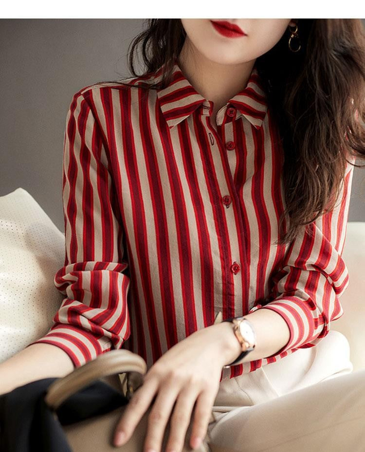 French Style Fashion Spring Shirts New Women's Polo-Neck Striped Single Breasted Simplicity Versatile Loose Long Sleeve Tops