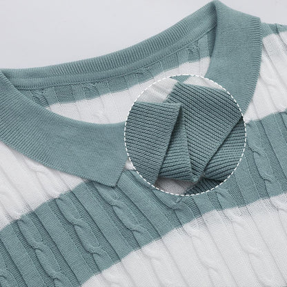 Men's Polo Short Sleeve Retro Knit Lapel Striped Short Sleeve Fashion Popular Knitwear Casual Breathable Top US Size