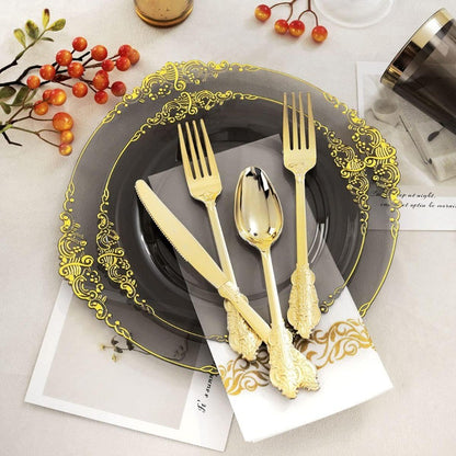 175pcs Clear Black Plastic Plates with Gold Accents Premium Disposable Dinnerware Set for 25 Guests Featuring 50 Plates 75 Gold