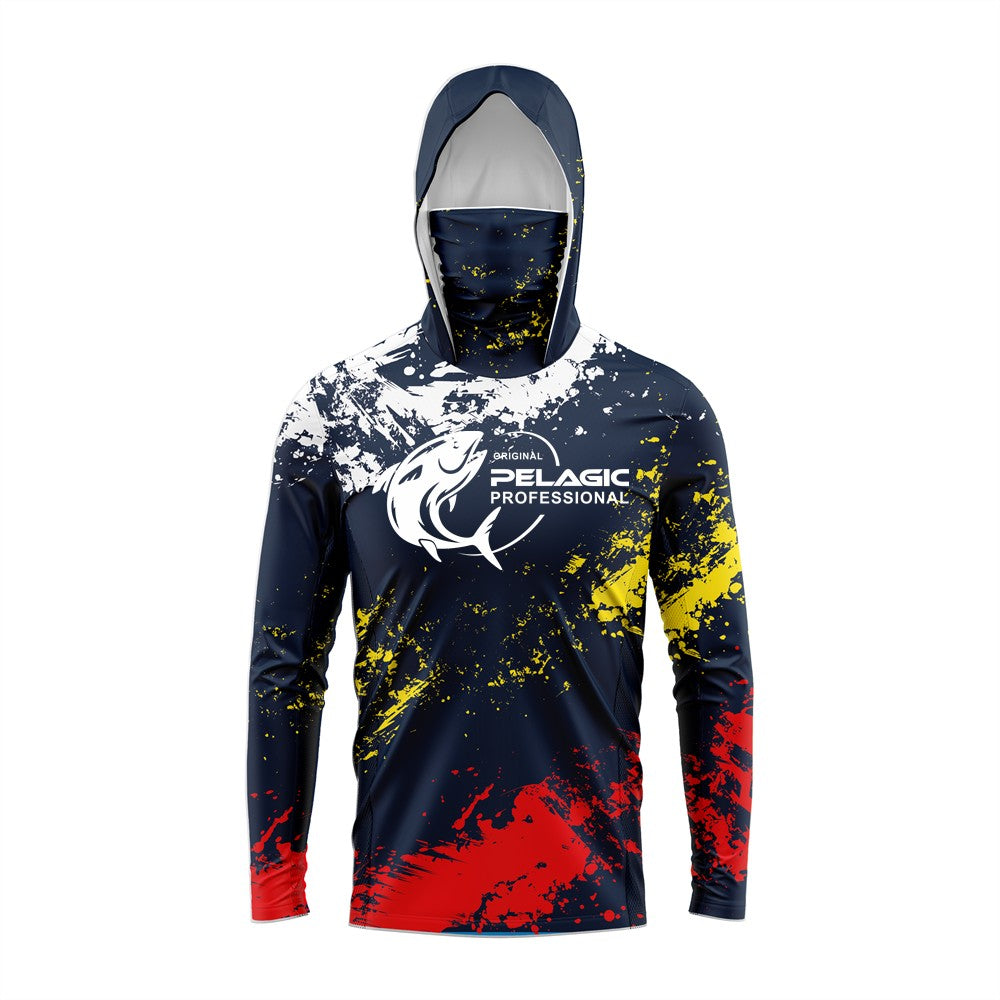 Camisa de pesca masculina com capuz, manga longa, proteção UV, vestuário de pesca