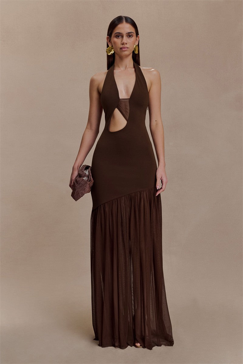 Mozision Hollow Out Halter Backless Sexy Maxi Dress Women Gown Elegant Patchwork V Neck Sleeveless Bodycon Club Party Long Dress