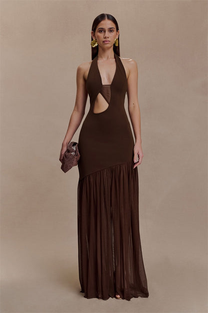 Mozision Hollow Out Halter Backless Sexy Maxi Dress Women Gown Elegant Patchwork V Neck Sleeveless Bodycon Club Party Long Dress