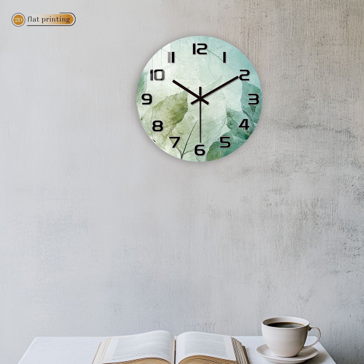 Fresh Green Leaf Print Wall Clock - Minimalist Botanical Pattern, Noiseless Sweeping Mechanism, Kitchen/Bathroom Decorative Time