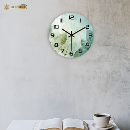 Fresh Green Leaf Print Wall Clock - Minimalist Botanical Pattern, Noiseless Sweeping Mechanism, Kitchen/Bathroom Decorative Time
