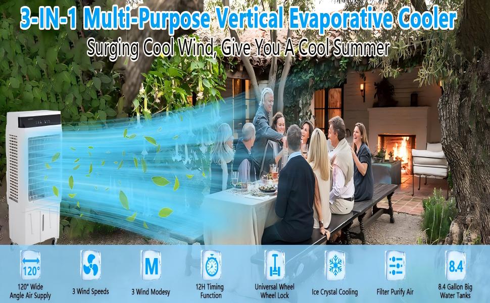 Evaporative Air Cooler, 1800CFM Swamp Cooler with Remote Control and 12H Timer, 4 Ice Packs, 3 Modes & Wind Speeds , 8.4 Gallon