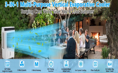 Evaporative Air Cooler, 1800CFM Swamp Cooler with Remote Control and 12H Timer, 4 Ice Packs, 3 Modes & Wind Speeds , 8.4 Gallon