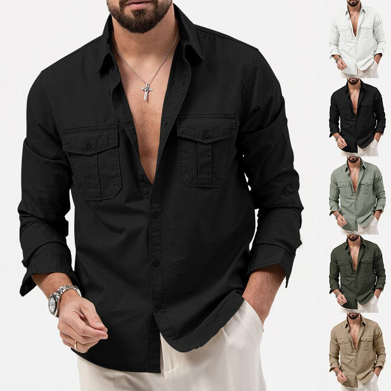 Safari Cotton Shirts Mens Outdoor Work Travel Button Down Tops Casual Long Sleeve Hiking Camping Utility Shirt With Flap Pocket