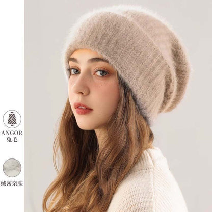 Angora Rabbit Fur Beanies Women's Warm Fluffy Knitted Slouchy Beanie Hat Female Soft Oversize Thermal Hats Autumn Winter