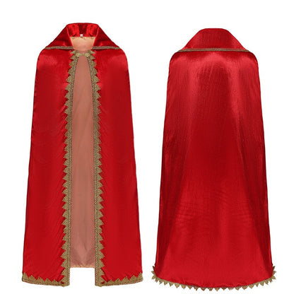 Medieval Royal Long Cape with Golden Lace Trim Floor Length Cloak Adult Men Women King Queen Halloween Cosplay Themed Party Cos
