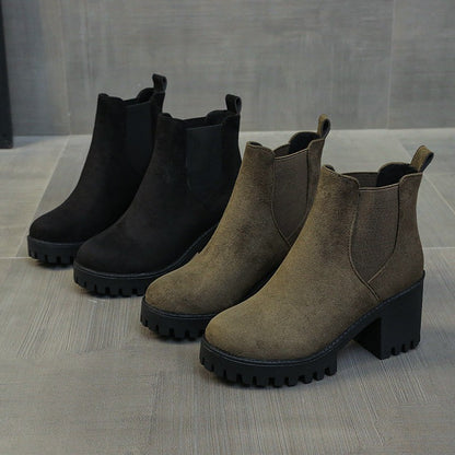 Autumn Women Suede Ankle Boots Fashion Metal Decoration Slimming Short Booties Autumn Winter Female Thick Heel Shoes D114