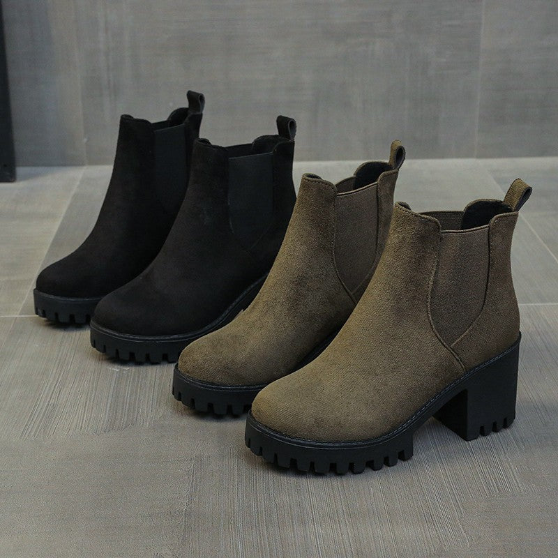 Autumn Women Suede Ankle Boots Fashion Metal Decoration Slimming Short Booties Autumn Winter Female Thick Heel Shoes D114