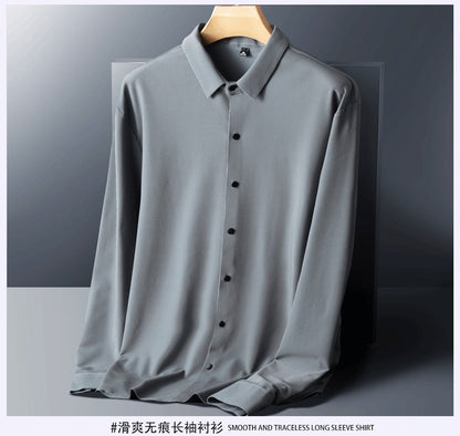 Stretch Elastic Stripe Men's Shirt Long Sleeve Classic Blouse Male Elegant Work Big Size Plus Large High Quality Ice Silk Social